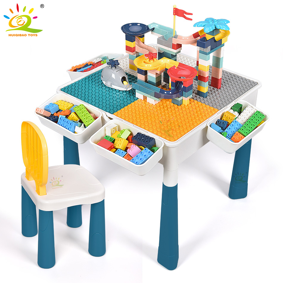 HUIQIBAO-Multi-Function-Building-Blocks-Learning-Table-Chairs-Study-Desk-Big-Baseplate-City-Bricks-Children-Toys.jpg میز آموزشی لگو کودک به همراه آجر شهر اسباب بازی کد 6787/104 - Image 1